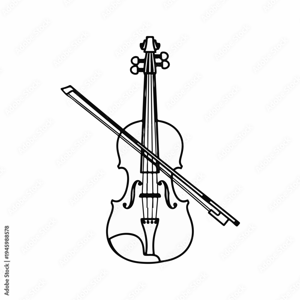 Fototapeta premium Hand-drawn black outline violin and bow vector illustration, perfect for music school logos, classical concert posters, or elegant website graphics.
