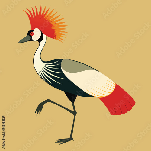 Illustration of a grey crowned crane with colorful plumage on tan background