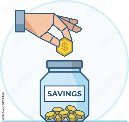 A flat color illustration showing a hand carefully placing a gold coin into a transparent savings jar, a perfect metaphor for budgeting, micro-investing, and securing future wealth