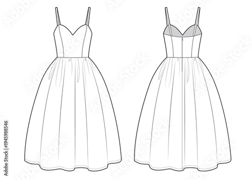 Evening sleeveless dress with fitted bodice, flared skirt