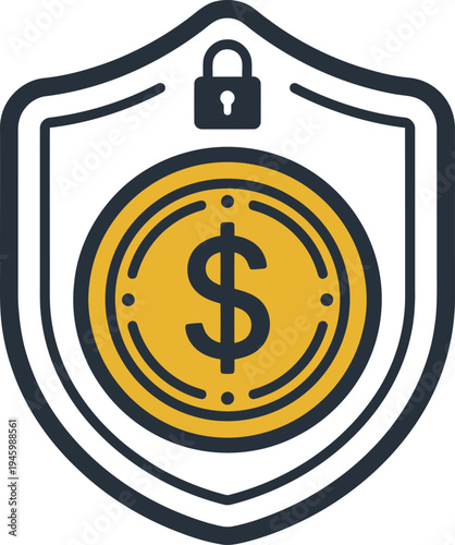 A precise outline illustration of a protective shield featuring a dollar currency sign and a closed padlock, symbolizing impenetrable financial security and asset protection