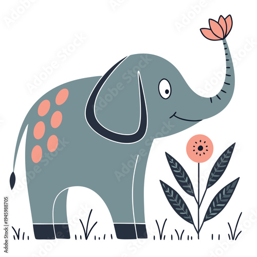 Cute cartoon elephant holding a flower in its trunk isolated on white background