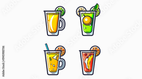 Four stylized cocktail drinks with sliced fruit in clear glasses on white background