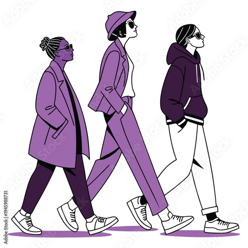 Three young people walking in a line in purple and black and white