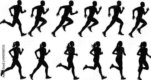 Black silhouettes of men and women running in various poses on white background