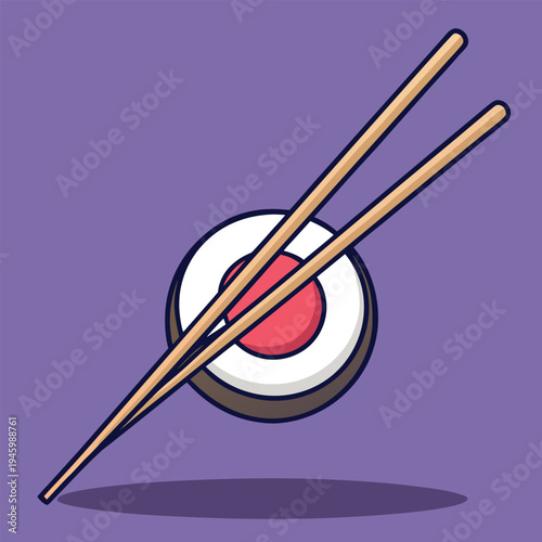 Cartoon sushi roll with chopsticks on purple background