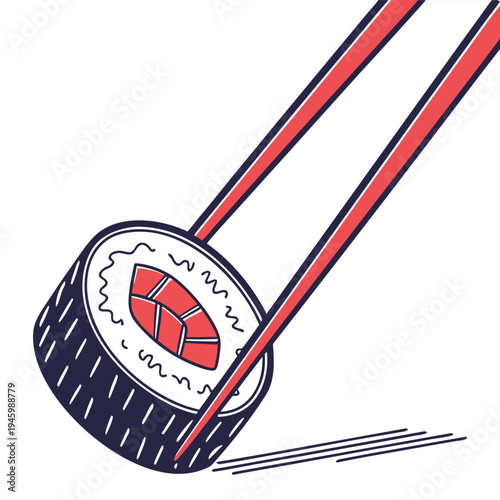A piece of sushi being picked up with red chopsticks on white background
