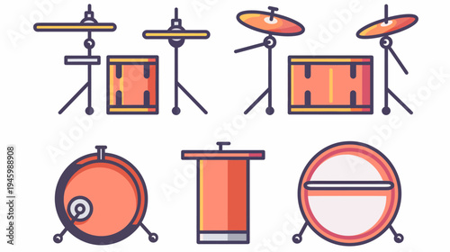 A set of six stylized cartoon drum set pieces in coral and indigo on a white background