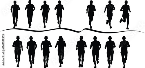 Black silhouettes of people running on white background