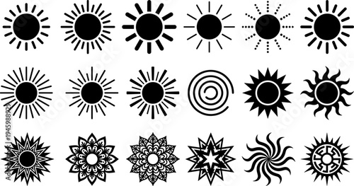 Sun icons silhouettes collection, black vector rays and circular designs, decorative illustration for energy, warmth, light, and graphic design use