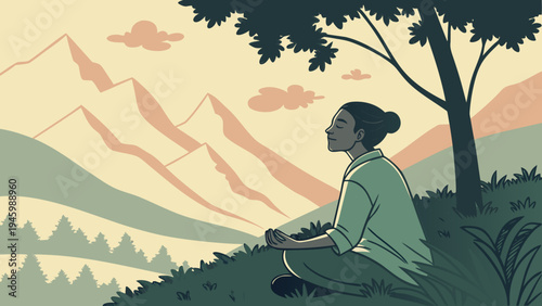 Serene woman meditating in nature with mountains and trees in the background landscape