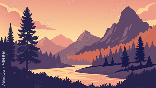 Serene mountain landscape with river and trees at sunset with purple and orange hues in the sky and silhouetted mountains
