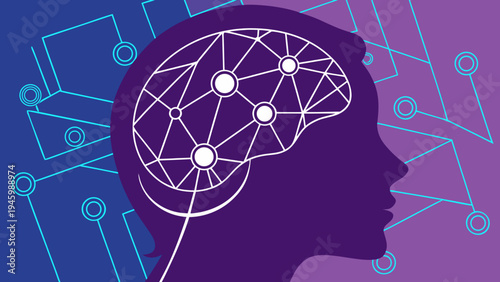 Digital illustration of a human head with a network of lines and nodes on a purple and blue background representing artificial intelligence and neuroscience concepts