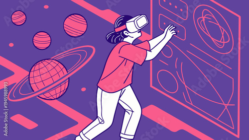 A woman wearing virtual reality goggles interacting with a futuristic interface surrounded by planets and rings in a purple and pink environment