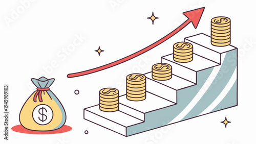 A money bag with a dollar sign and stacks of coins on stairs with an upward arrow indicating financial growth and success