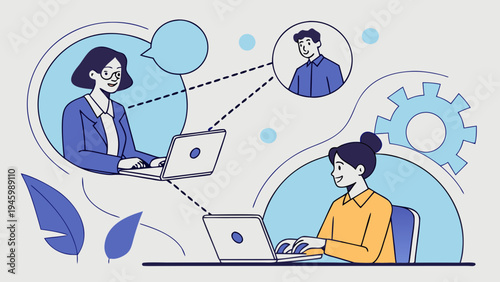 Two businesswomen collaborating remotely on laptops with a coworker joining online