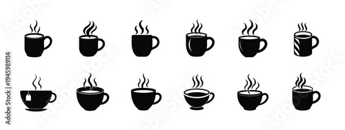 Tea and coffee cup silhouette icon set featuring hot mug with steam and tea bag for breakfast beverage and more vector illustration or editable stroke