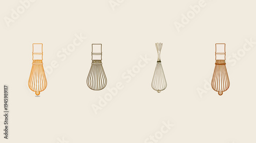 Four stylized drawings of tea whisks, two traditional, two in a modern style