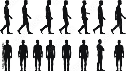 Male silhouette walking, human figure poses, standing man, gait cycle, body posture, anatomy reference, biomechanics, character design, movement study, ergonomic illustration