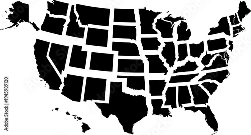 Vector illustration of United States map with selected states highlighted in black silhouette for geographic or statistical representation