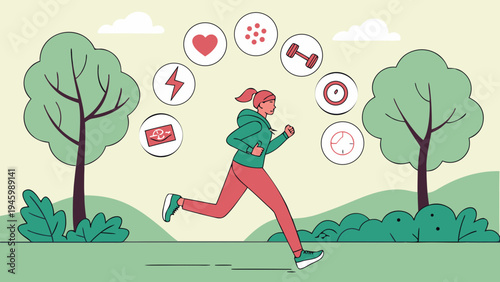 A woman running in the park with icons representing health and fitness floating above her head in a thought bubble