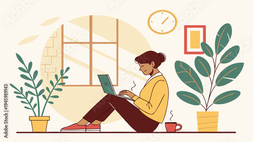 A woman sits on the floor with a laptop surrounded by plants and a cup of coffee in a cozy indoor setting with a clock on the wall nearby her