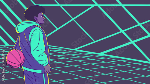 Young man holding a basketball in a futuristic neonlit grid environment with purple and teal colors