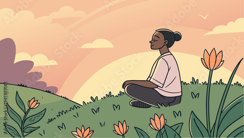 A serene woman meditating on a green hill with flowers at sunset or sunrise in a peaceful natural setting with a beautiful sky