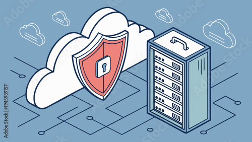 Cloud computing security concept with shield and server for data protection online
