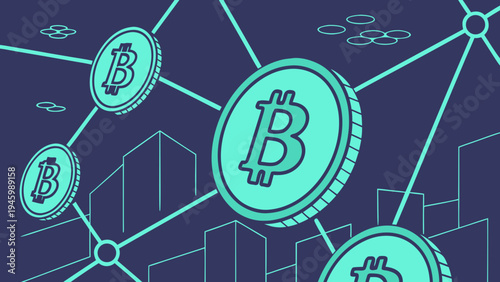 Bitcoin cryptocurrency concept with coins and cityscape in the background illustrating blockchain technology