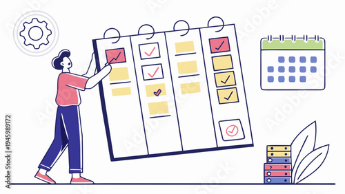 A person holding a large checklist calendar with a gear in thought and books on the side