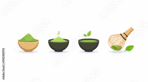 Matcha preparation tools and tea displayed in simple cartoon style