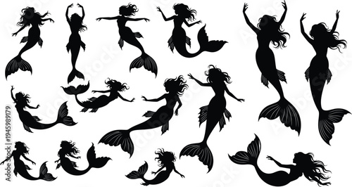 Mermaid silhouettes, fantasy sea creatures, mythical ocean design, underwater illustration, aquatic beauty, swimming mermaids, decorative art, marine mythology, mystical tails, vector style