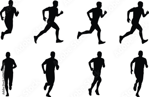 Running silhouettes, athlete motion, sprint cycle, fitness stride, human biomechanics, training posture, jogging phases, sport icon, dynamic movement, exercise form