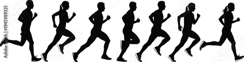 Running silhouettes, athletic motion, human stride, jogging figures, fitness concept, sports training, dynamic movement, black profile, isolated runners, exercise illustration