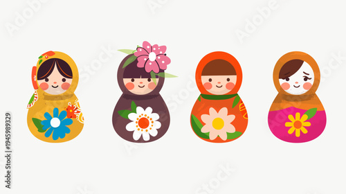 Four colorful nesting dolls decorated with flowers, and smiling faces, on a white background