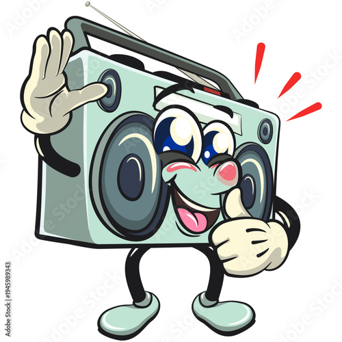 cute retro boombox radio mascot character waving while giving a thumbs up with smiling, isolated vector illustration, work of hand drawn