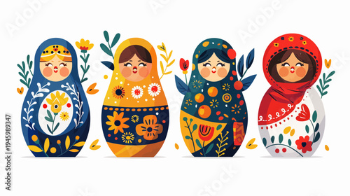 Four decorated matryoshka dolls stand in a row against a white backdrop, stylized and flat