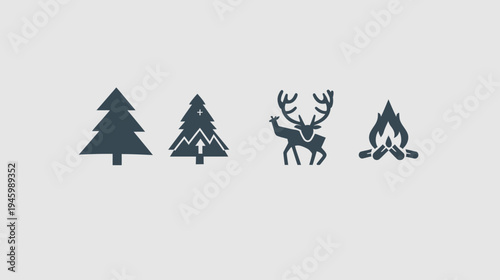 Simplified graphic of forest and campfire elements. Includes trees, a deer, and a fire