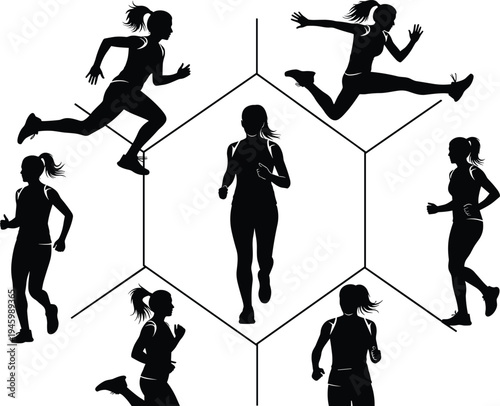 Running silhouettes, circular motion, athletic poses, sprinting stages, human biomechanics, sports training, black figures, white background, dynamic movement,