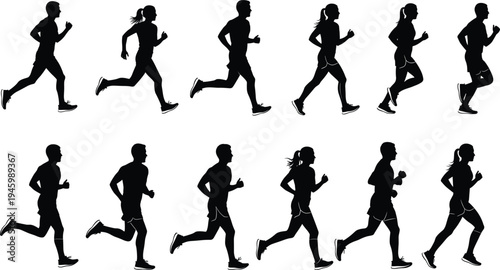 Running silhouettes, athletic motion, male and female runners, stride stages, sports biomechanics, fitness training, jogging form, dynamic movement, outdoor exercise, health