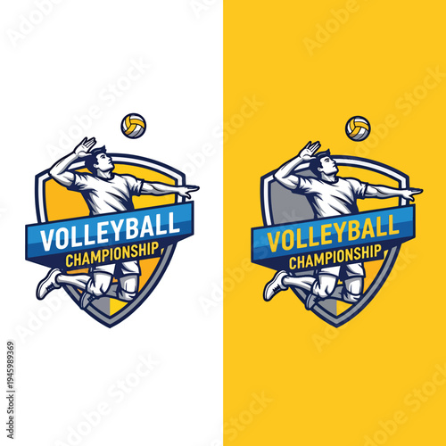 Dynamic volleyball player spiking in a championship emblem design, perfect for sports events.
