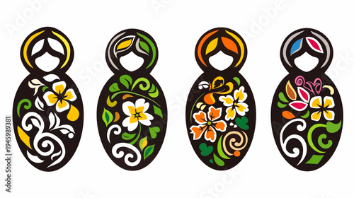 Four stylized Matryoshka dolls with colorful floral patterns on dark oval bodies