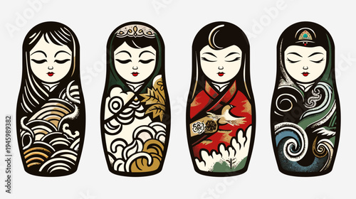 Four stylized nesting dolls, each uniquely adorned in cultural motifs and patterns