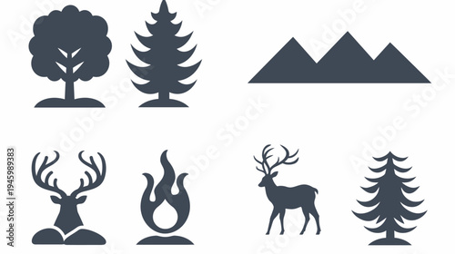 A collection of stylized outdoor and nature icons trees, mountains, fire, and deer