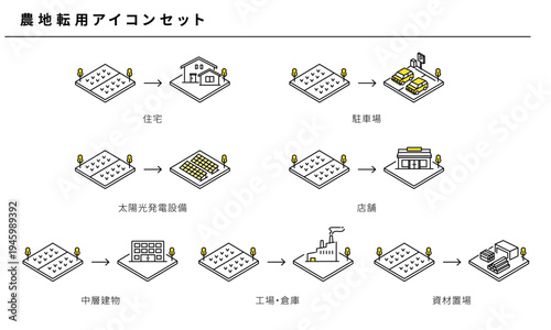 農地転用アイコンセット 住宅 駐車場 太陽光発電設備 店舗 中層建物 工場 倉庫 資材置場 用途変更イメージベクター