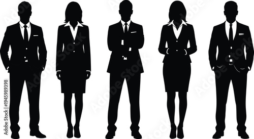 Five black silhouettes of business people in suits standing against white background