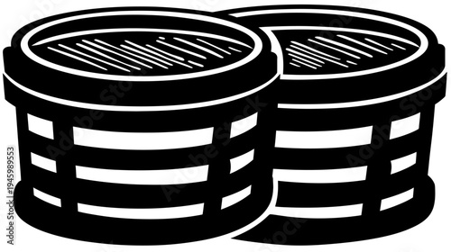 Two stylized, overlapping black and white cylindrical vessels with lids and banded exteriors