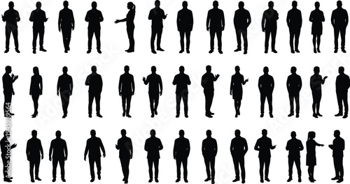 Human silhouettes, standing poses, crowd composition, black outline, male and female, posture variety, minimal design, gesture study, white background, visual diversity