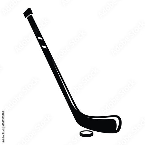Black hockey stick and puck on for sports design